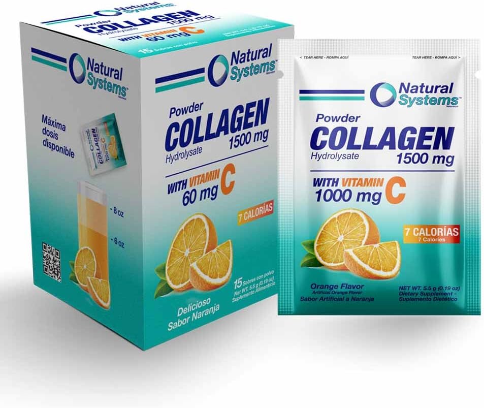 Collagen Powder Hydrolysate 1500 mg with Vitamin C 1000 mg | Supplement for Healthier Hair, Skin & Nail, Anti-Aging, Joint Support, Digestive System, Weight Loss (15 Packets X 5.5g Each)