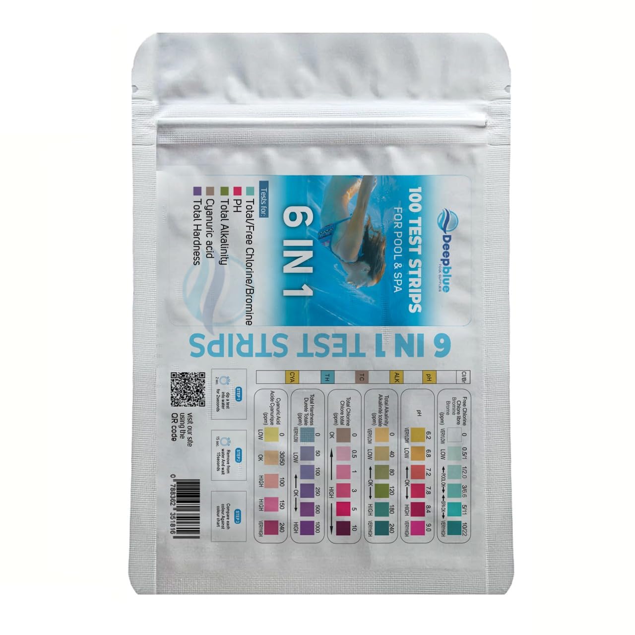 Deep Blue Pro Strip?Ease 6-Way Chlorine Pool & Hot Tub Test Strips – 100 strips in resealable pouch – with app & chart reading