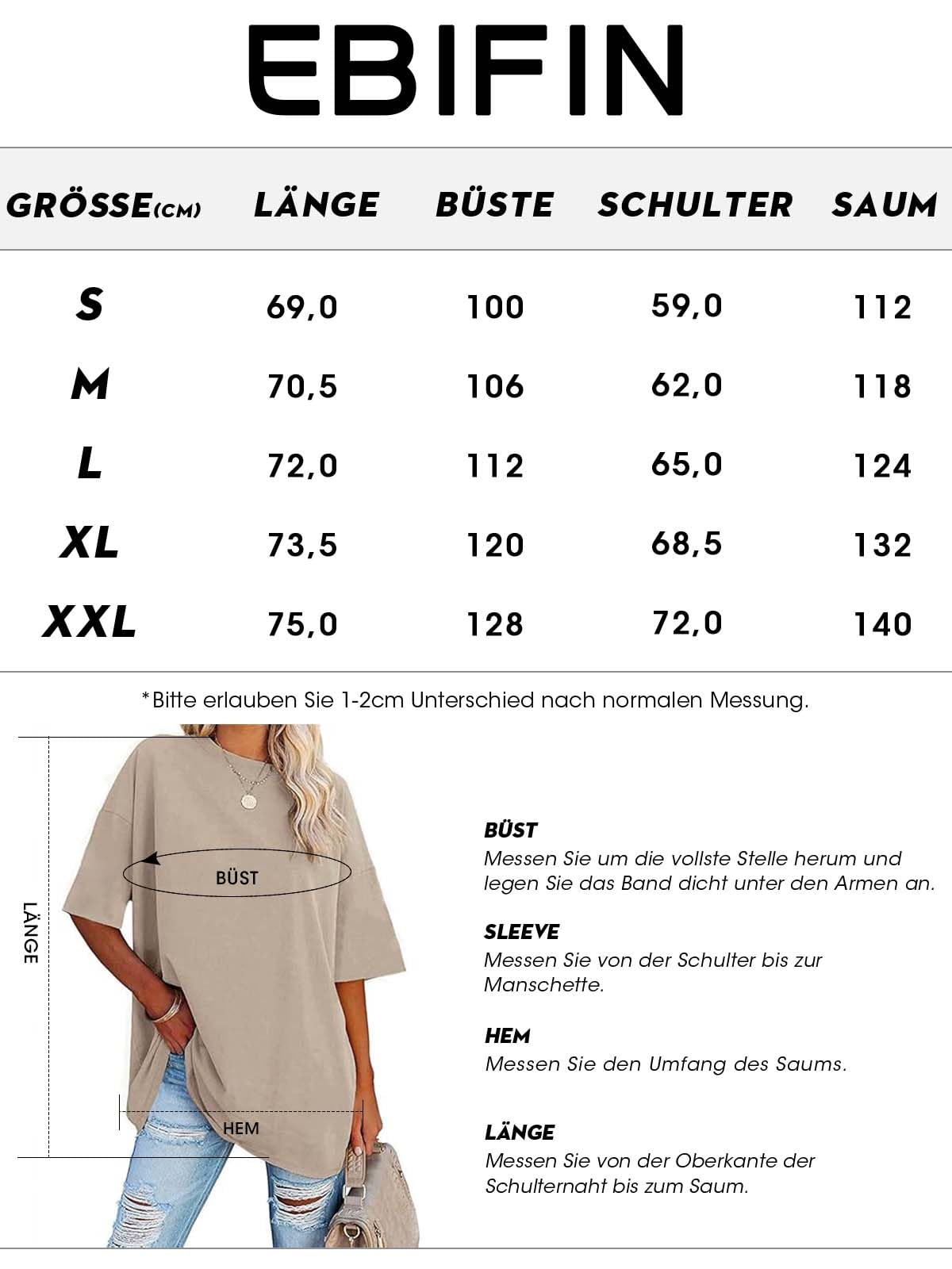 Ebifin Damska koszulka oversize, okrągły dekolt, z krótkim rękawem, luźna, basic, na lato, na lato.