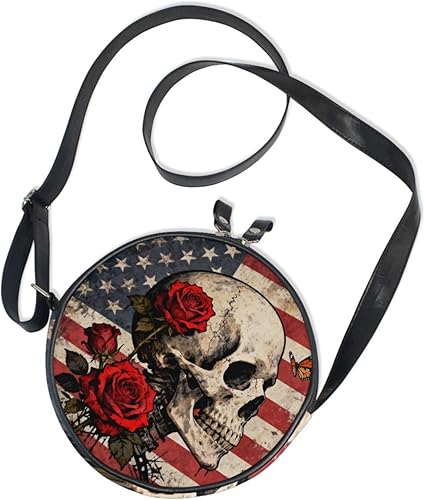 Retro Skull and Red Rose Round Black Crossbody Bags for Womens Beauty with Adjustable Strap Side Bags Take a walk Canvas Messenger Purse