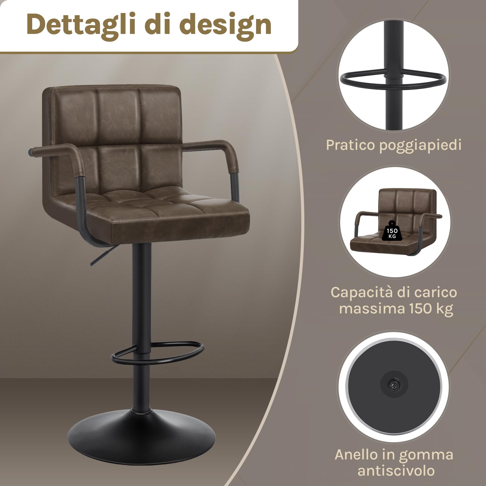 Sgabello Da Bar WOLTU In Ecopelle Marrone - Con Schienale, Braccioli E Altezza Regolabile 62-84cm