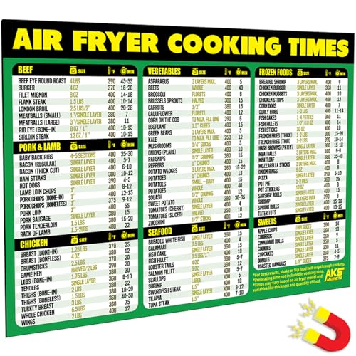 Air Fryer Cooking Times Magnetic Cheat Sheet - Extra Large Easy to Read 11” x 8.5” Airfryer Kitchen Accessory - Quick Reference Guide Magnet for Over 90 Popular Airfry Foods - Cook Healthy Meals Fast