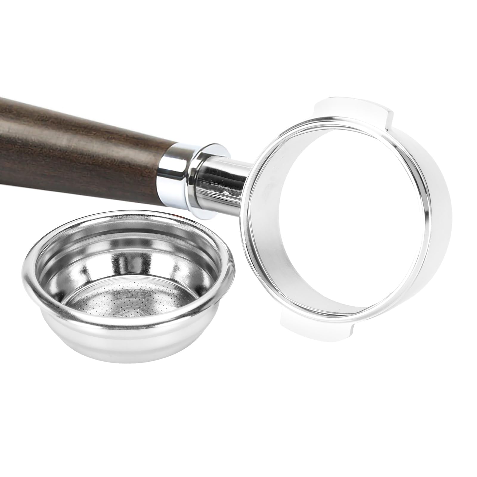 Portafiltro 58mm Sin Fondo Acero304 Mango Nogal Negro, Cesta18g Sin Presión | Portafiltro 58mm sin fondo acero 304, mango nogal negro. Compatible E61,Flair58,Rocket,Lelit, incluye cesta 18g sin presión.