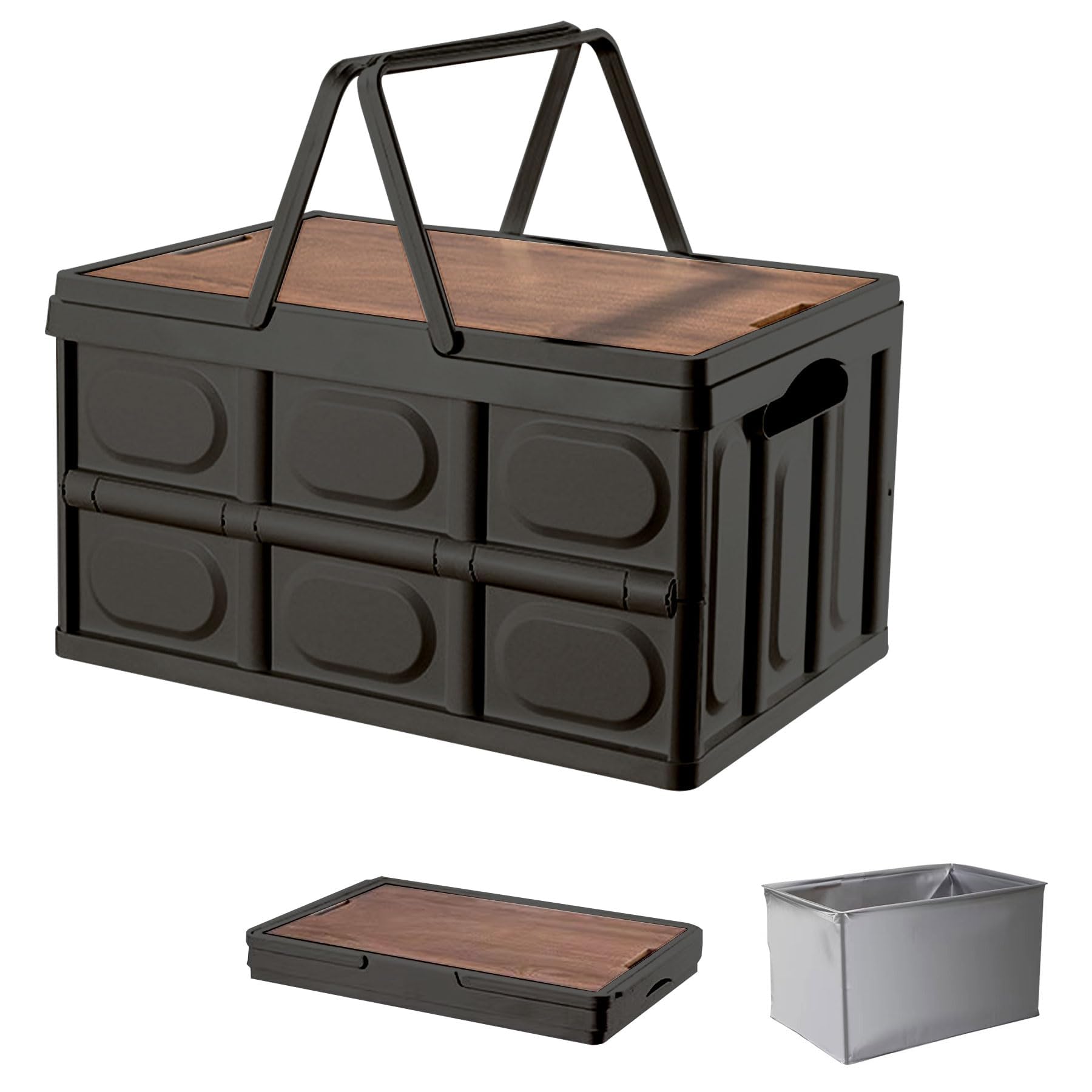 SONGSONG キャンプ 60L 折りたたみ 収納ボックス キャンプ用品木製の蓋付き 持ち手 組立簡単 強い耐荷重 大容量 60L 車載収納 軽量 折り畳み (60L・ブラックセット)