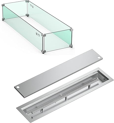 Skyflame Kit de sartén lineal de acero inoxidable para hogueras y protector contra viento de vidrio para hogueras de 36 x 11.5 pulgadas