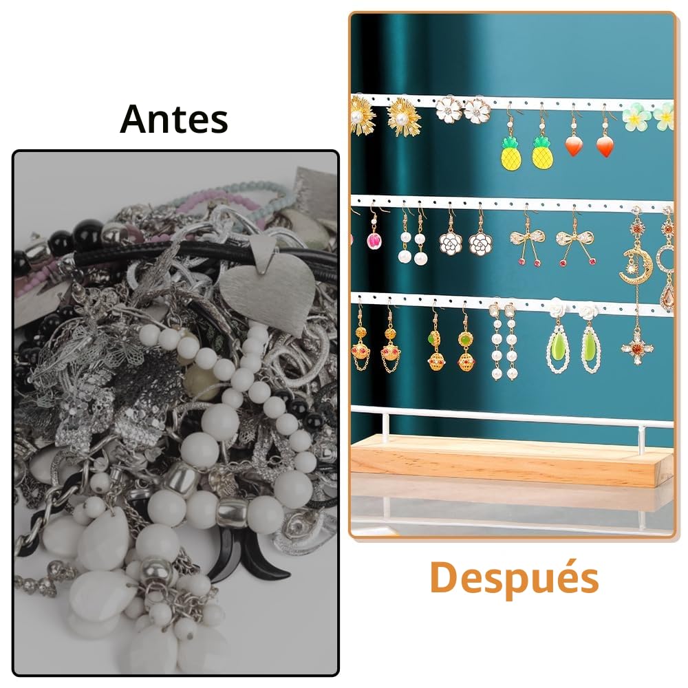 60 Agujeros Expositor de Pendientes, 3 Niveles Organizador Pendientes con Base de Madera, Colgador de pendientes, para Guardar pendientes
