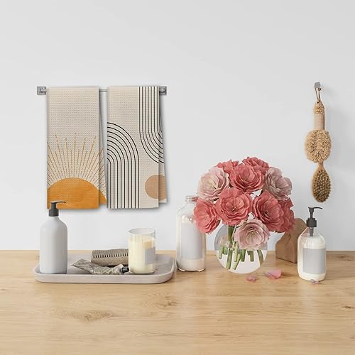 Miniatura 2 de Dibor Juego de 2 paños de cocina bohemios con diseño de amanecer, atardecer, rayos de sol, arco iris, arco iris, paño de secado absorbente bohemio,