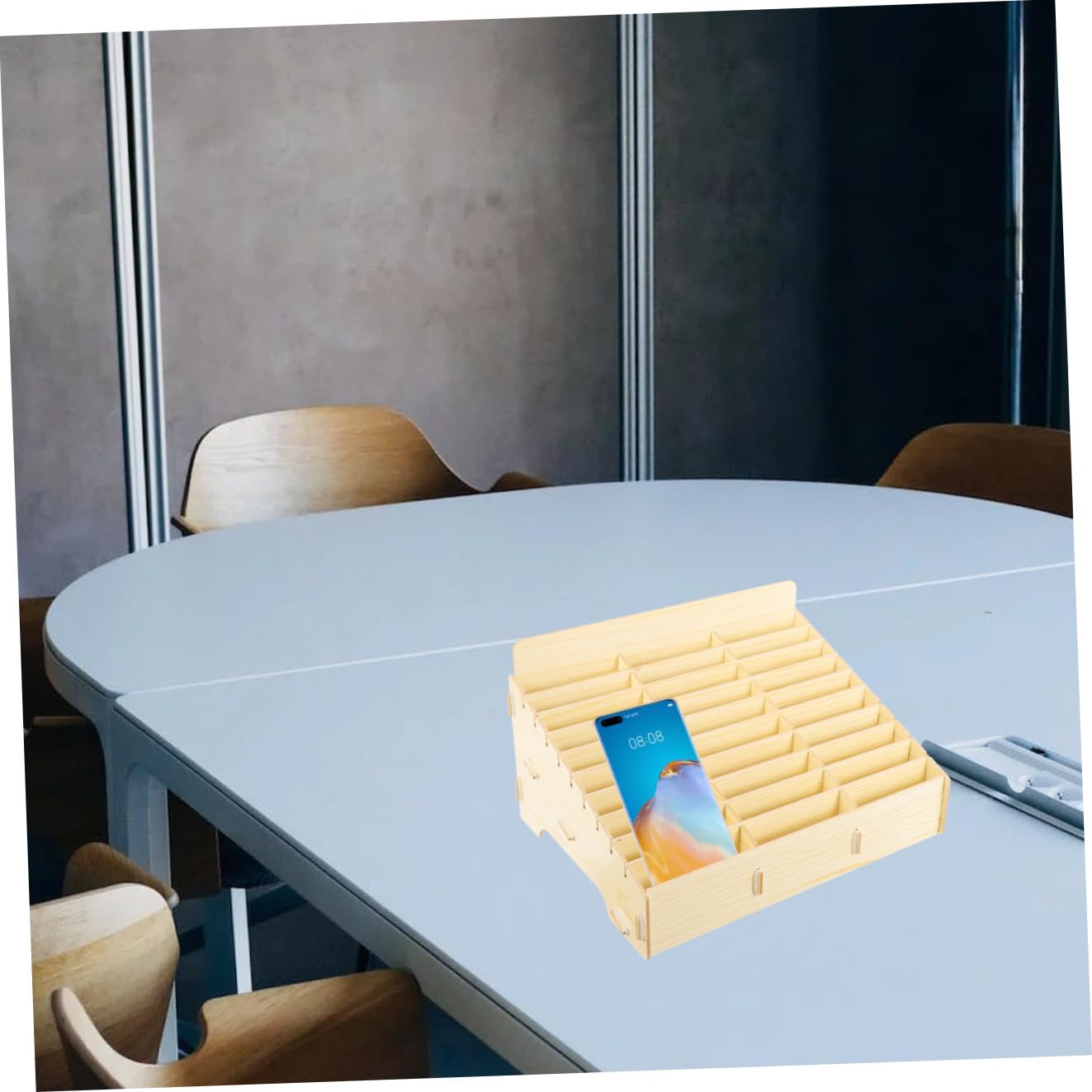 Housoutil Caja Organizadora De Escritorio De Madera Natural 30 Compartimentos, Soporte Múltiple Para Teléfonos Móviles, Organizador Para Aula y Oficina, Almacenamiento Para Celular