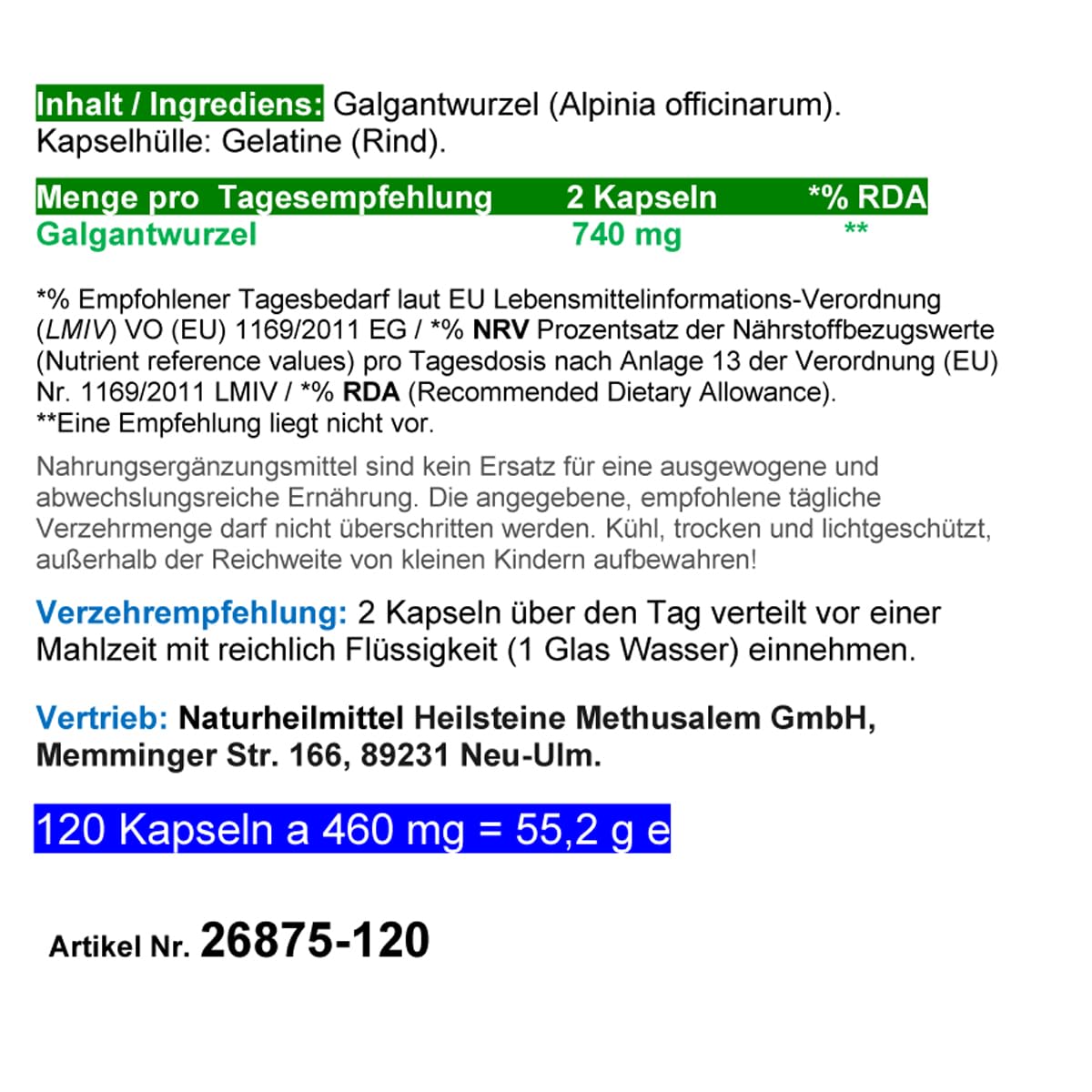Galgant Galgantwurzel Siam-Ingwer 360 (3x120) Kapseln BITTERSTOFFE & SCHARFSTOFFE nach Hildegard von Bingen KRAUT DES LEBENS für Verdauung & gutes Bauchgefühl. NATUR PUR ohne ZUSATZSTOFFE. 26875-3