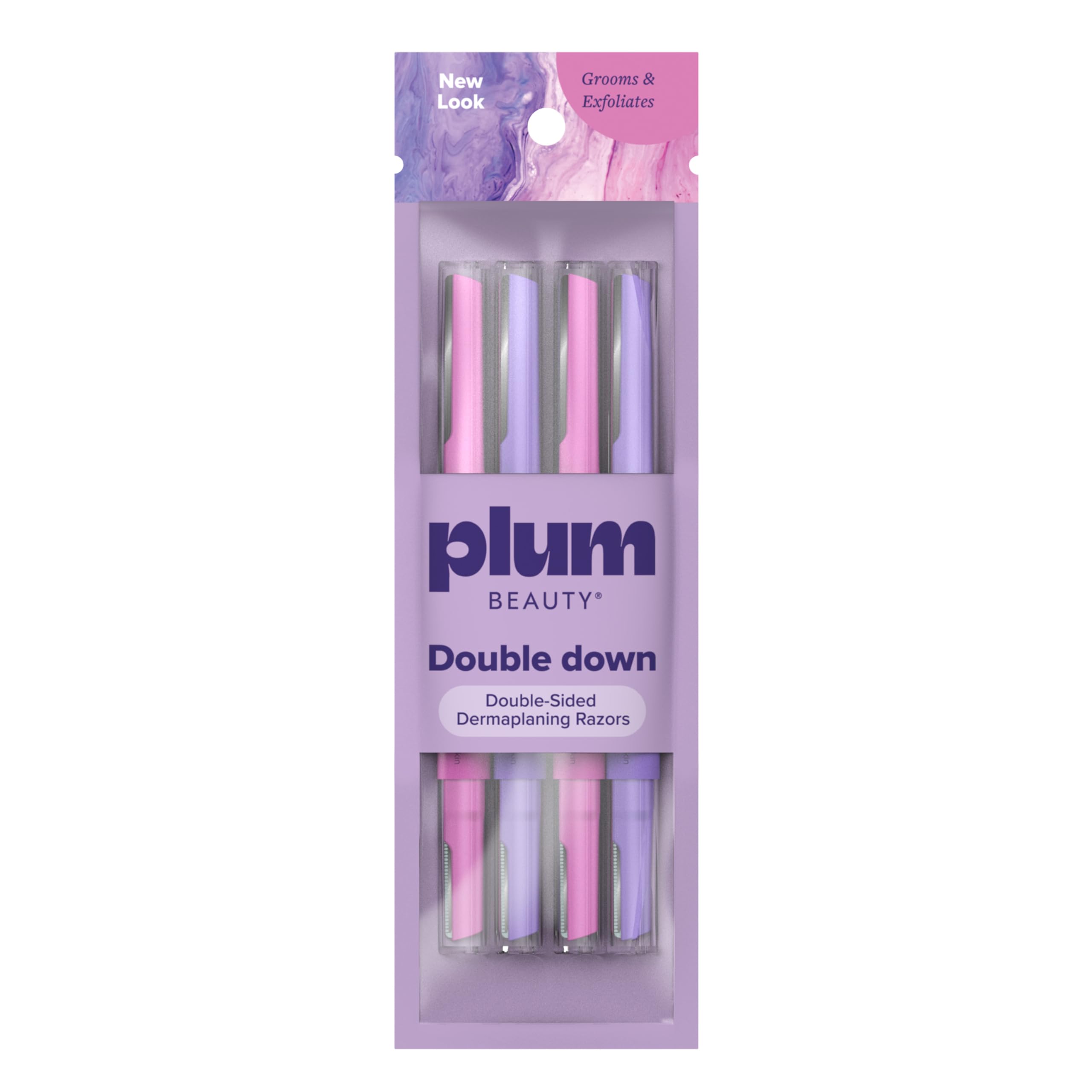 Plum Beauty Double-Sided Dermaplaning Razors (4-Pack) – Dual-Blade Facial Razors for Women - Precision & Large Blades for Brows, Upper Lip, & Cheeks - Peach Fuzz Remover & Exfoliating Face Tool - 3