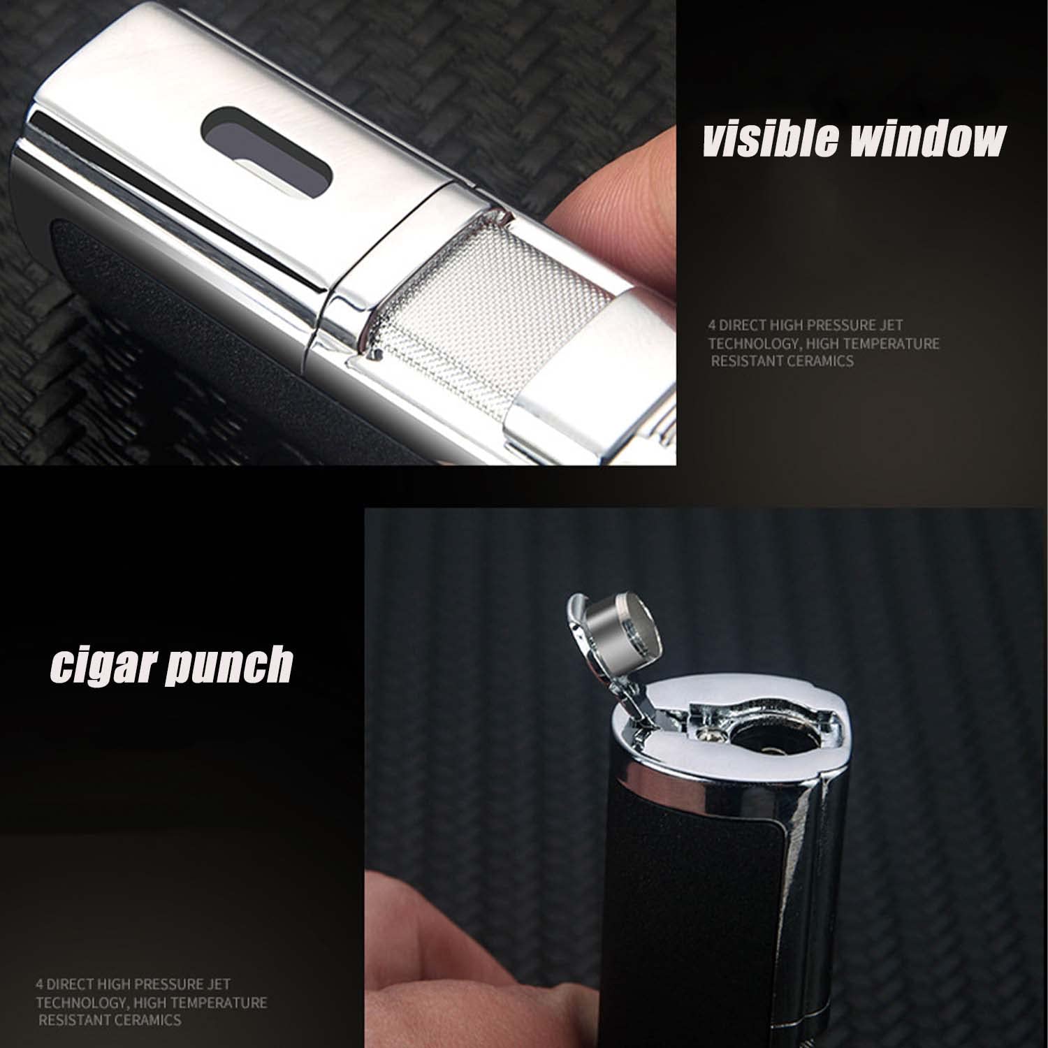 Briquet de Poche Puissant Briquet Au Butane Rechargeable Créatif à 4 Jets avec Fenêtre Visible Poinçon de Cigare pour Bougie Cheminée Camping Feux d'artifice Barbecue