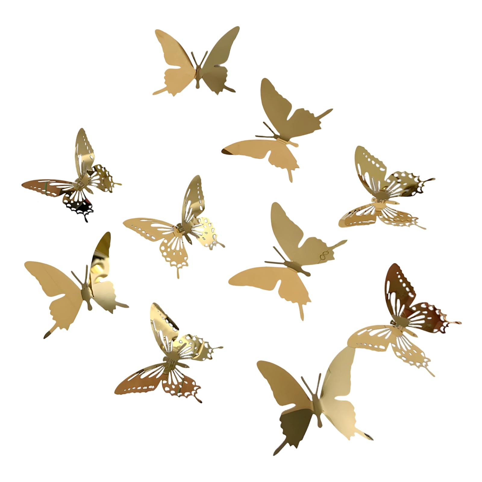 Packool 10 Pcs Metal Butterfly Wall Decor, 2.4 in / 6 cm, 3D Hollow-Carved Gold Butterflies, Mirror Surface, Realistic Stickers for Bedroom, Living Room Decorations