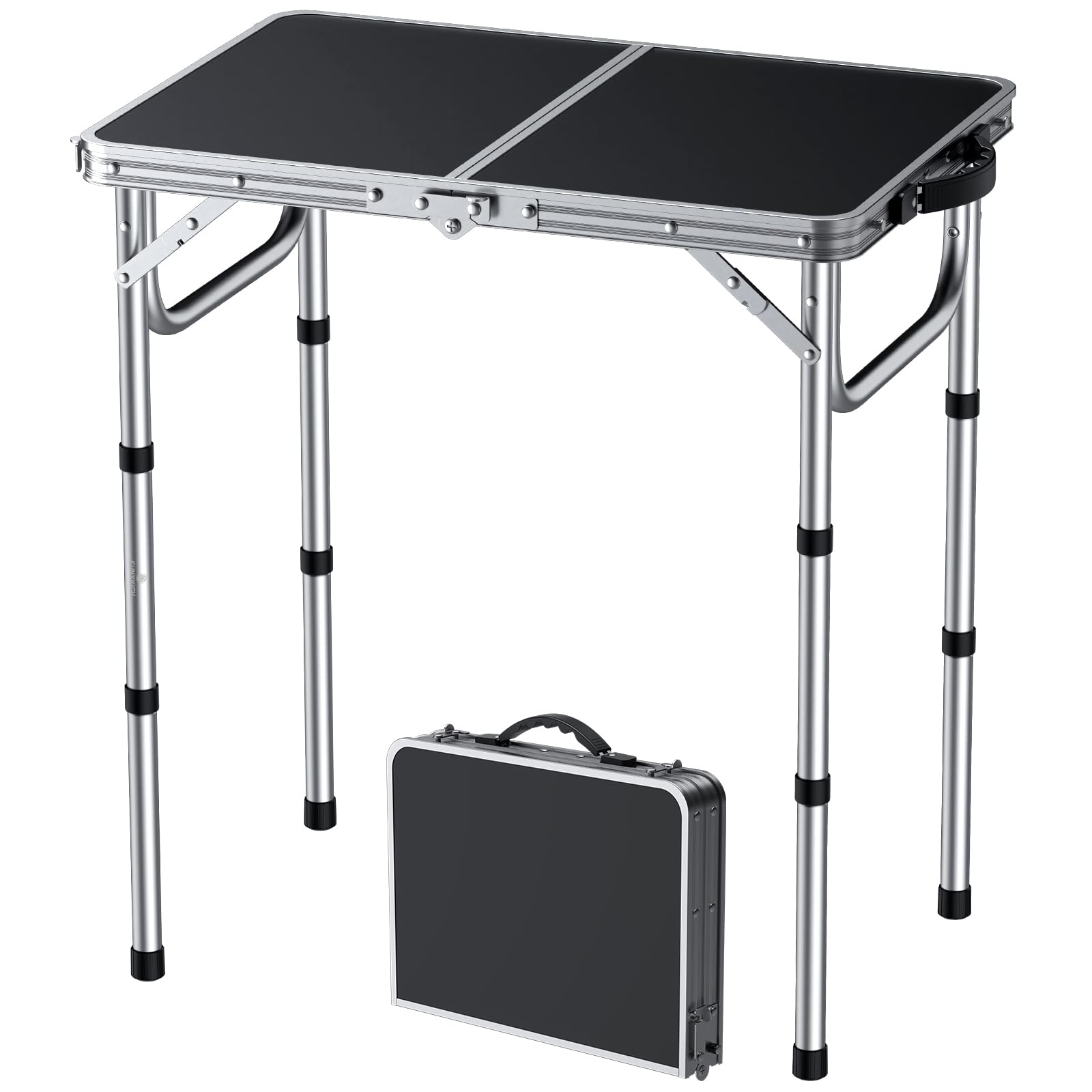 FUNYKICH Small Foldable Camping Tables(58x40cm), 3 Height Adjustable Portable Folding Table, Lightweight Aluminum Outdoor Table with Carry Handle for Camping, Picnic, Silver
