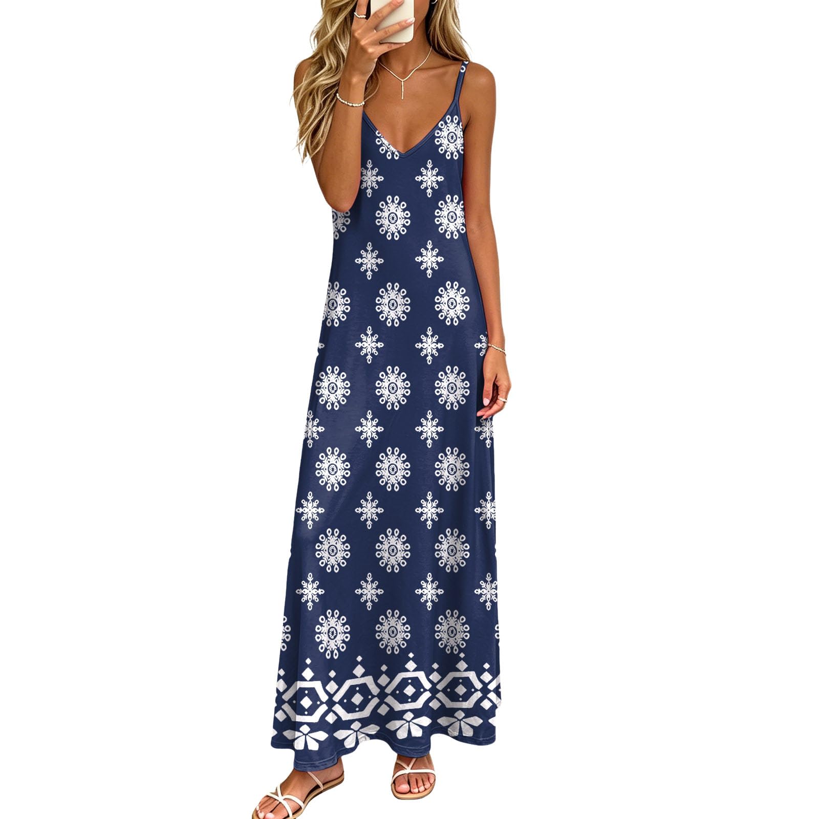 Abito Lungo Estivo Donna Cotone Abito Estivo da Donna alla Moda e Casual con Scollo a V e Maniche Lunghe, Ideale per Vacanze al Mare o in Resort. Vestito Leggero