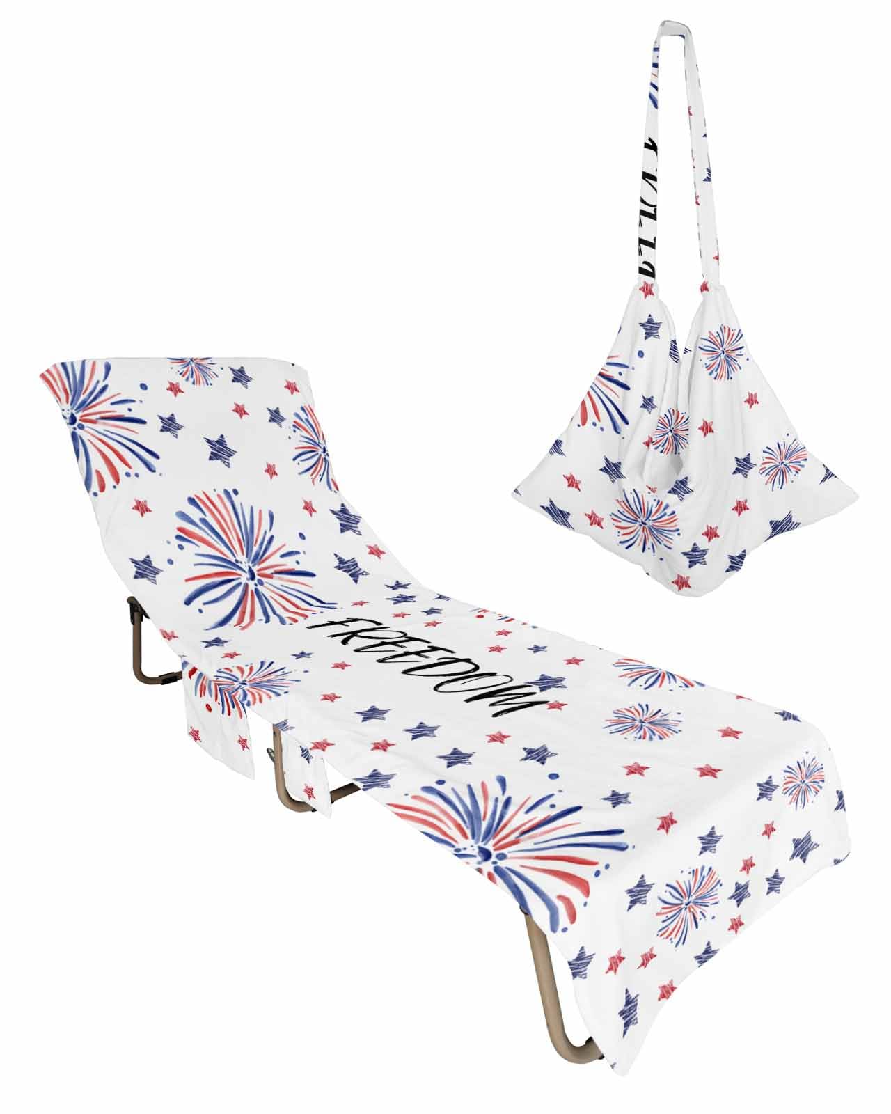 Stars Red Blue Beach Chair Towel Covers for Chaise Lounge With Side Pocket, Soft Plush Pool Towels Cover for Patio Sunbathing Outdoor 29''x85'' Freedom Independence Memorial Day