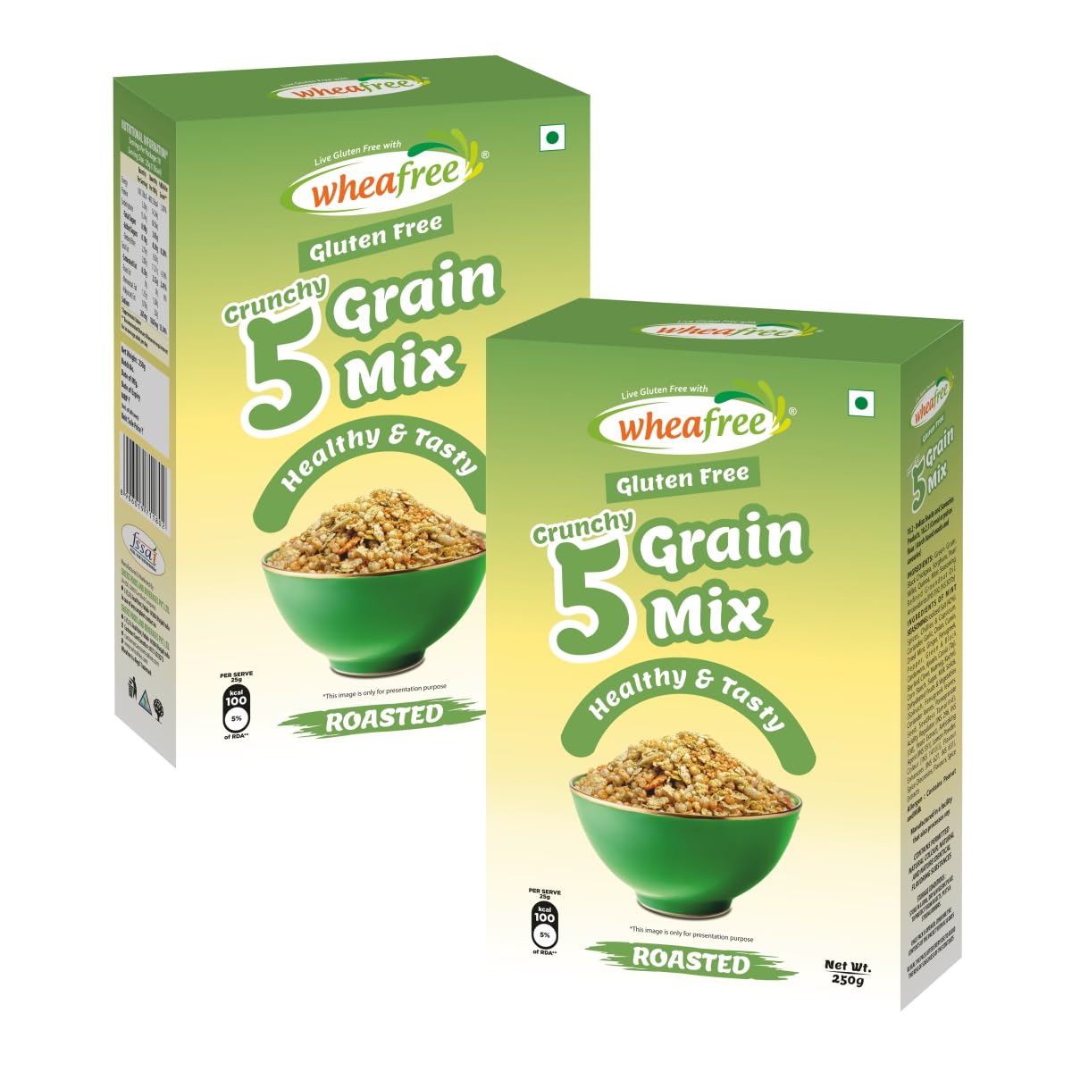 Wheafree Gluten Free Crunchy 5 Grains Mix - Mint Flavour - Roasted not Fried - Pack of 2 (250g Each) | High Protein | High Fibres | No Trans Fat