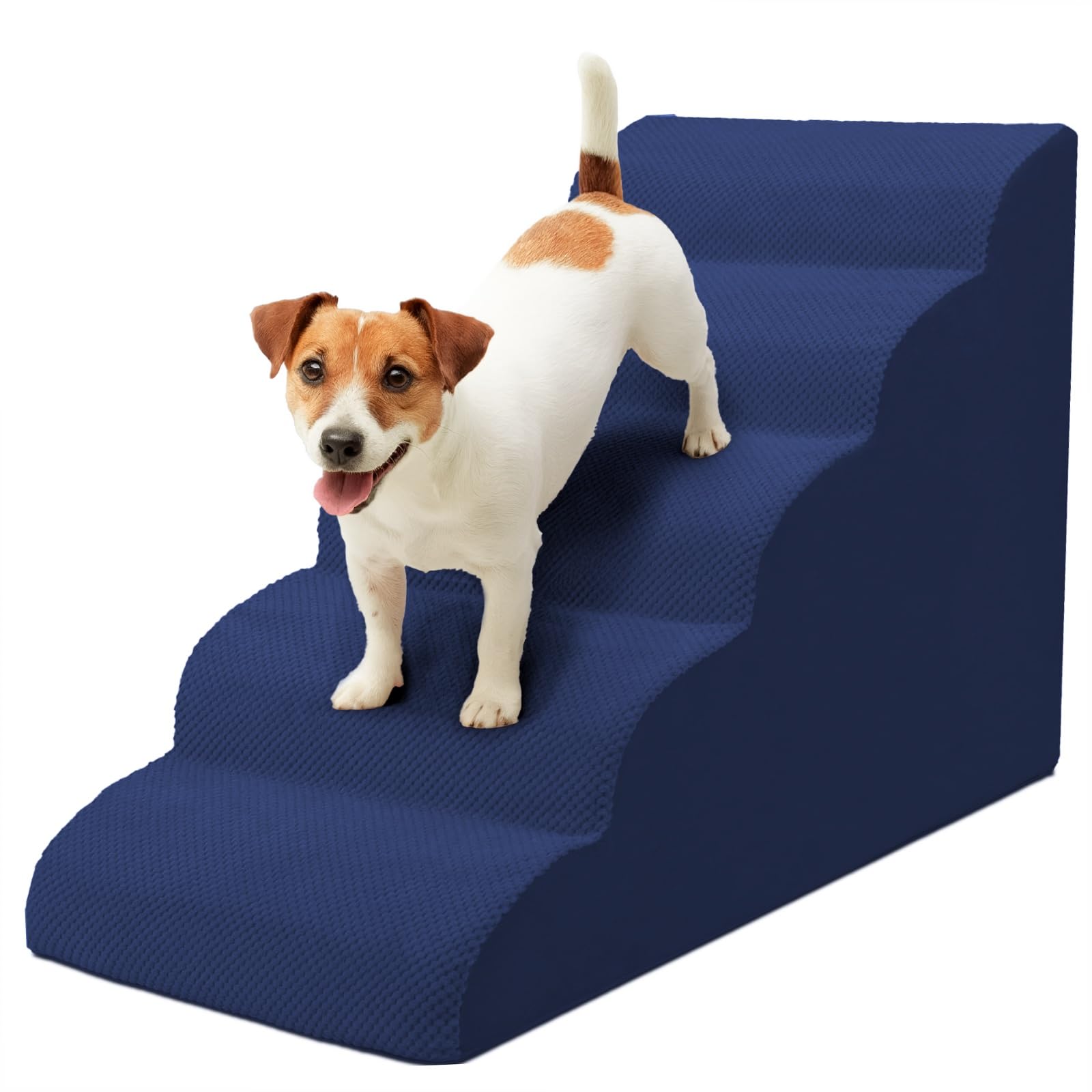 Niubya Escalier pour Chien et Chat, H62 cm, avec Housse Lavable et Mousse à Haute densité, pour lit, Salon et canapé, Échelle Large Animaux âgés et blessés (Bleumarine 5 marches)