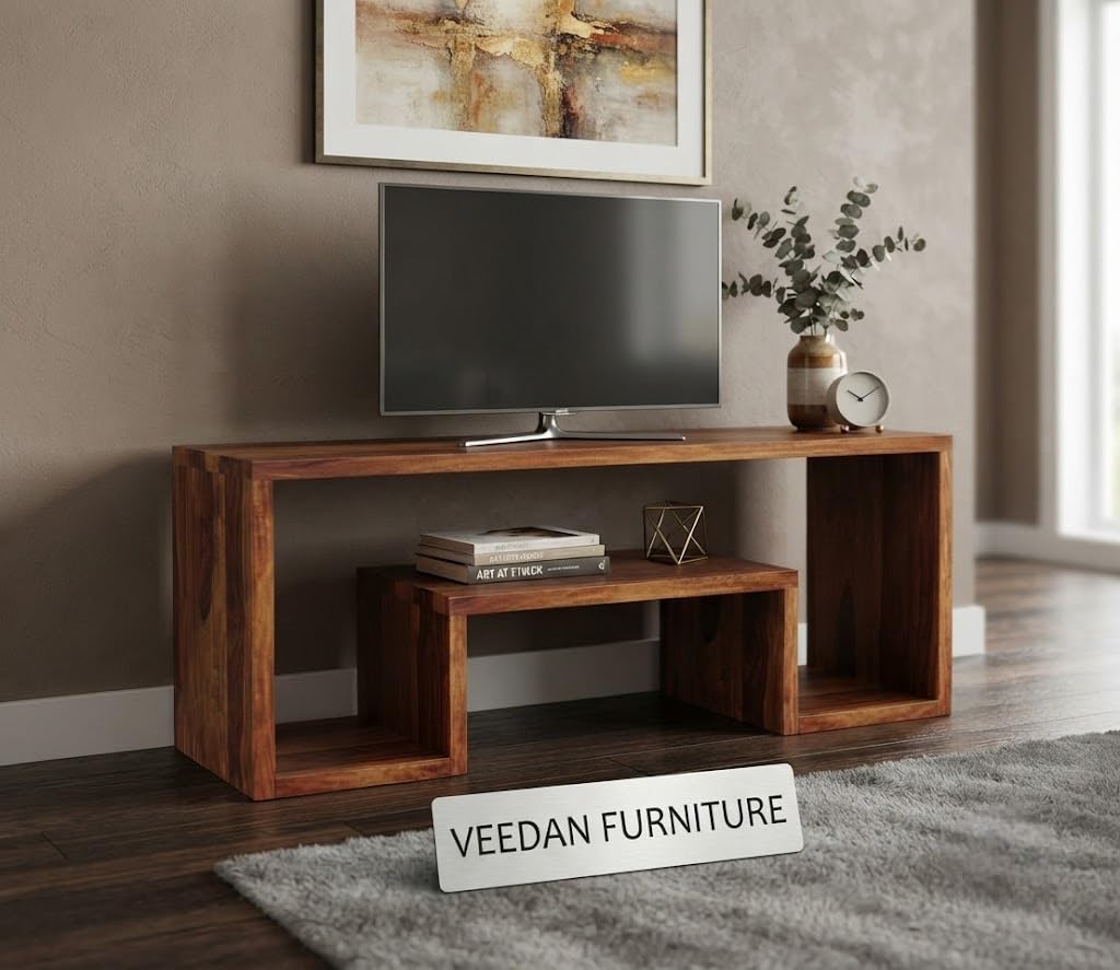 sheesham Wood Wooden TV Unit for Living Room 43 inch - TV Table for Living Room Entertainment Unit - Solid Wood TV Cabinet for LivingRoom 43+ inch with Open Shelve-image-9