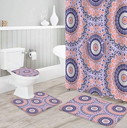 4 Piece Bathroom Set, Pink Purple Geometric Shower Curtain and Bath Mat Set with Non-Slip Rug, Toilet Lid Cover, Bath Mat, Ethnic Indian Modern Abstract Art 36″ W x 72″ L Shower Curtains Set