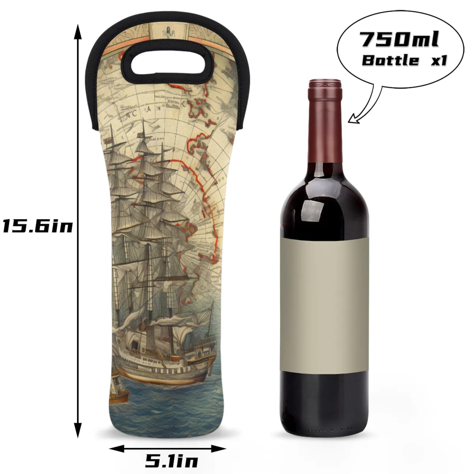 Neoprene Wine Tote Carrier Bag for Wine,Water, Champagne, Beer, Baby Bottles 15.6 x 5.1 Inches, Protective Wine Bag,Sea Adventure