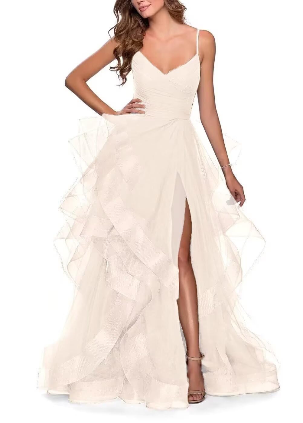 Tiered Tulle Prom Dresses 2025 Long Sparkly Tulle Ball Gowns A Line Women V-Neck Formal Evening Party Gown