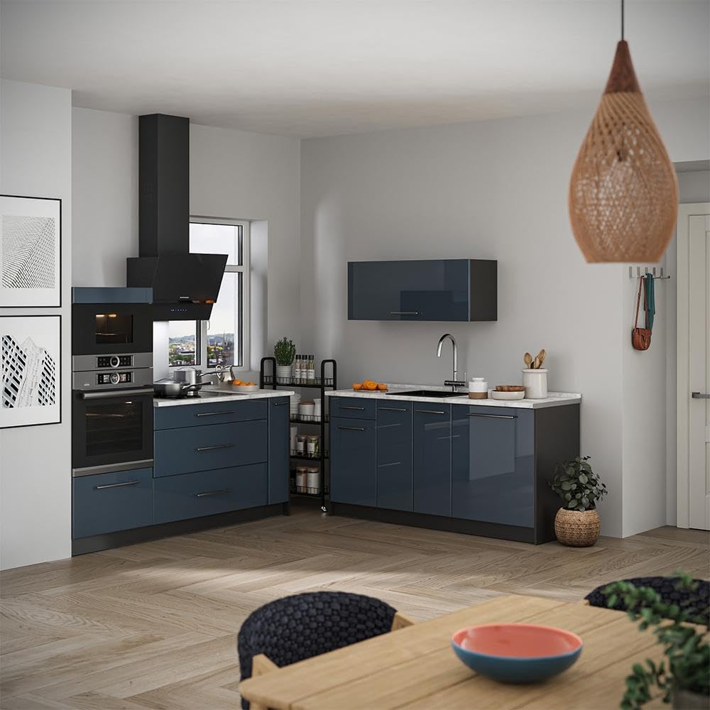 Vicco Küchenzeile Fame-Line, Dunkelblau Hochglanz/Anthrazit, 340 cm