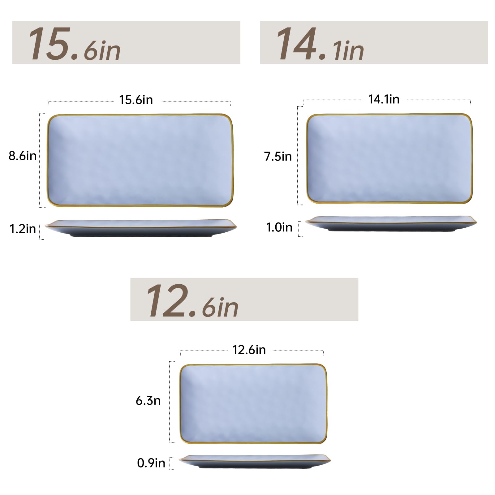 Plateau de service rectangulaire en céramique : 39 cm, 36 cm, 32 cm, pour réception, dinde, fromage, sushis, collation et dessert, passe au micro-ondes et au lave-vaisselle, bleu