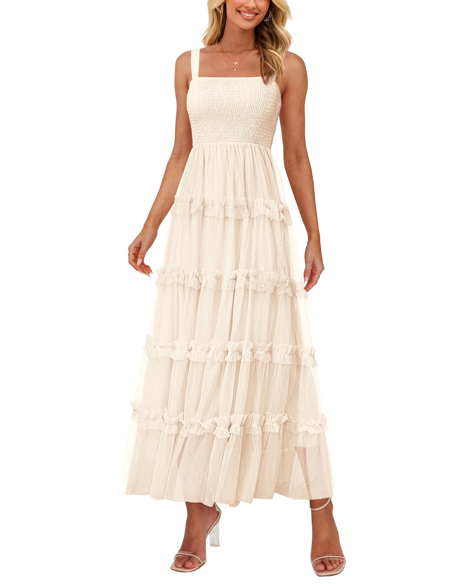 PRETTYGARDEN Women's Summer Dresses 2026 Sleeveless Smocked Tiered Ruffle Tulle A-Line Flowy Wedding Party Maxi Dress