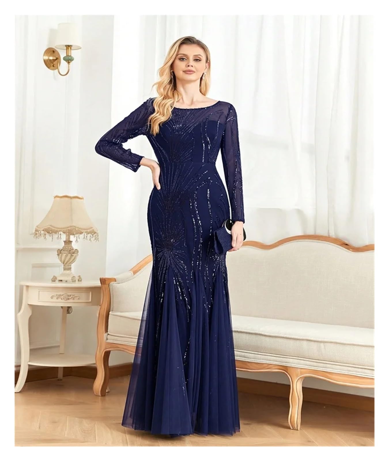 Vestido de Graduación para Mujeres Elegantes Vestidos de Noche de Tul con Lentejuelas y Mangas largas, Estilo Sirena, Formales, for Dama de Honor y Fiesta Maxi(Champagne,M)
