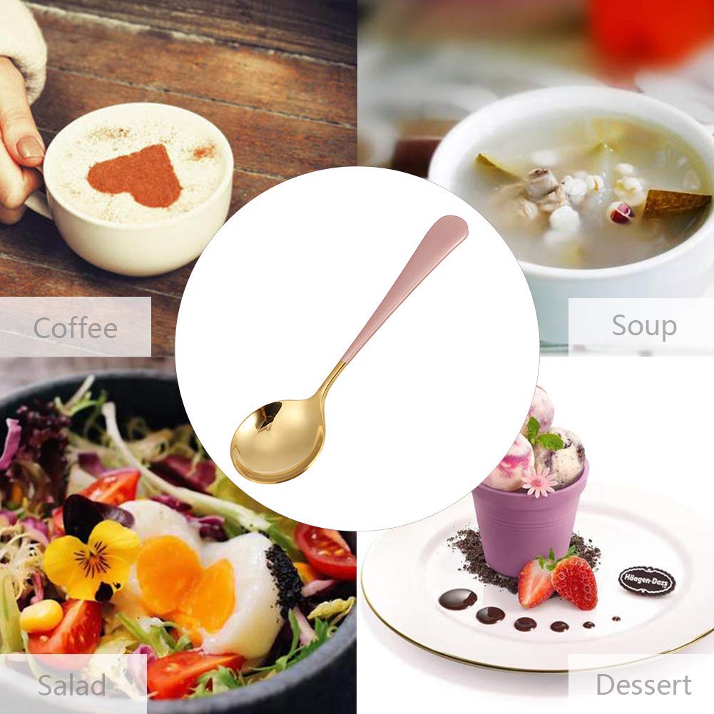 5Pcs Soup Spoons, Round Stainless Steel Teaspoons Small Coffee Spoons 6.3 x 1.7inch(Pink)