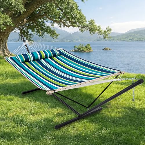 Image of SUPERJARE 12ft Double Hammock with Stand, Rope Hammock for 2 Person, Detachable Hammock Bed and Pillow, Portable, Anti-Tip Safety Ropes, Carry Bag, Outdoor Backyard Patio Camping, Dark Cyan
