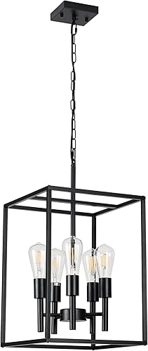 Miniatura 1 de Candelabro clásico negro para vestíbulo, 5 luces, estilo granja, lámpara colgante de techo con pantallas de jaula cuadrada, accesorios para cocina,