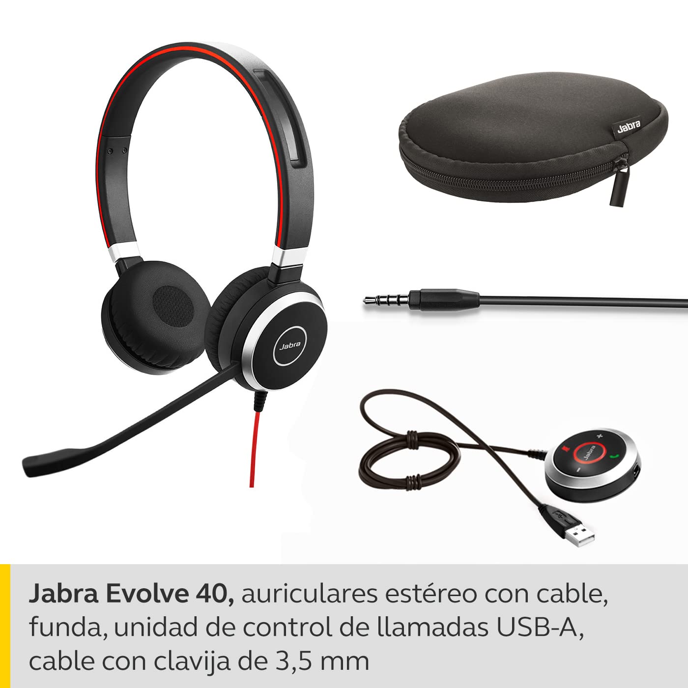 Jabra Evolve 40 UC - Auriculares Estéreo de Comunicaciones Unificadas para VoIP Softphone - Cancelación Pasiva de Ruido - Cable USB-A con Unidad de Control - Negro