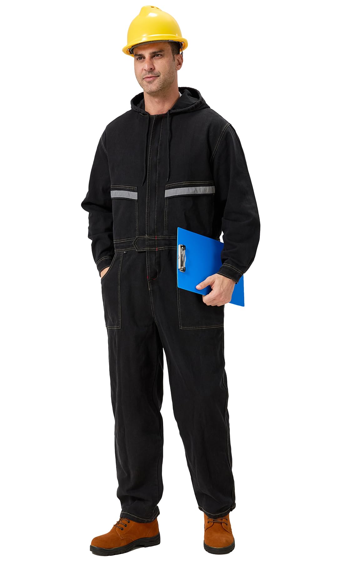 Overol de trabajo de mezclilla para hombre con capucha, overol de trabajo resistente, de alta visibilidad, con pantalones vaqueros, color negro, talla M