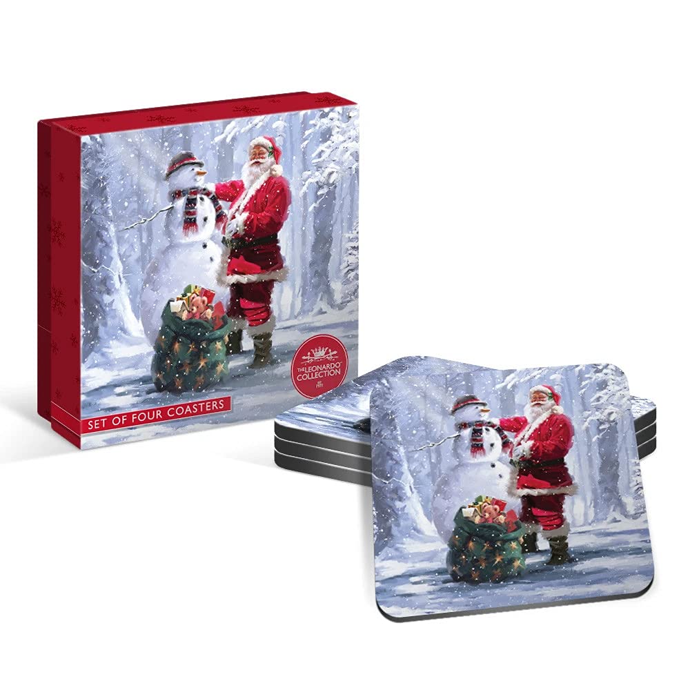 Leonardo Red, White, Natural Macneil Christmas Santa And Snowman Cork Coasters Set Of 4 Lp92627