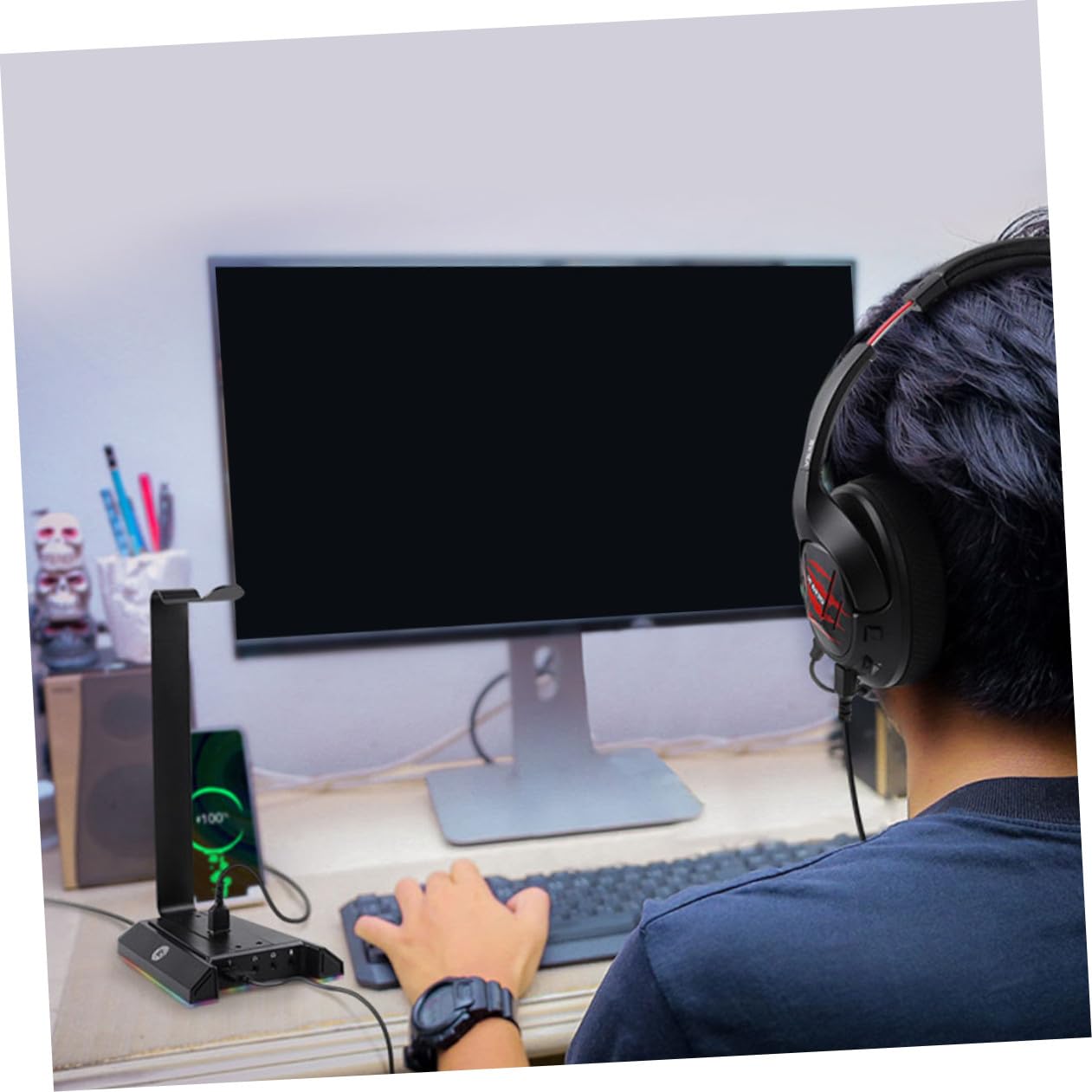 POPETPOP Supporto Cuffie da Tavolo Gaming in Abs Nero Porta USB | Trasmissione Efficiente e Intelligente, per Cuffie e U Disk, Rack Verticale Compatto