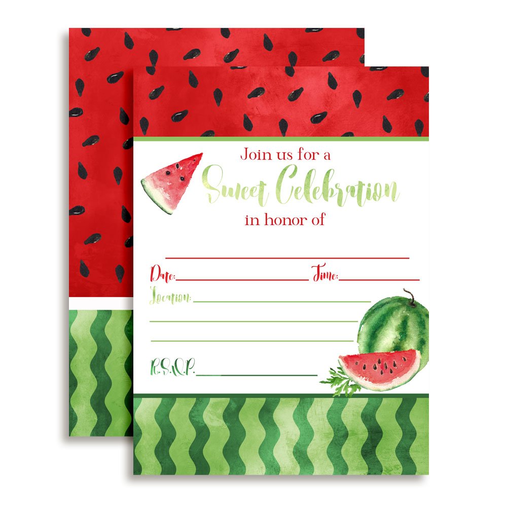 Amanda CreationWatercolor Watermelon Birthday Party Fill In Invitations set of 10