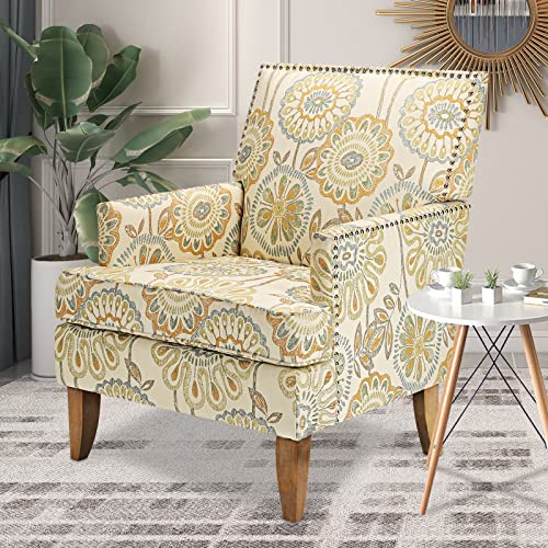 Sillón con respaldo ala floral color beige amarillo miniatura 5