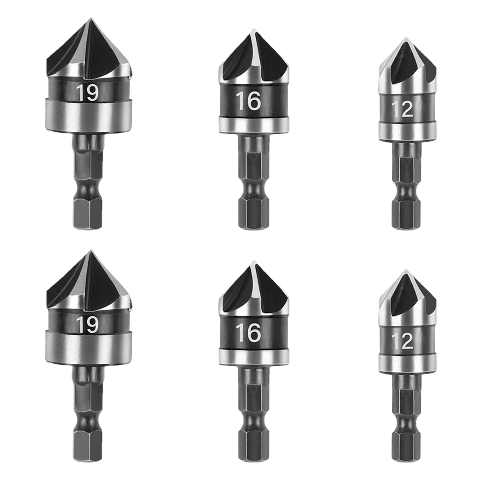 6 Pcs Countersink Drill Bit, Chamfering Countersink Drill Bit Hex Shank 1/4 Inch 12mm/16mm/19mm, 5 Flute 90 Degree Counter Sink Drill Bits for Wood