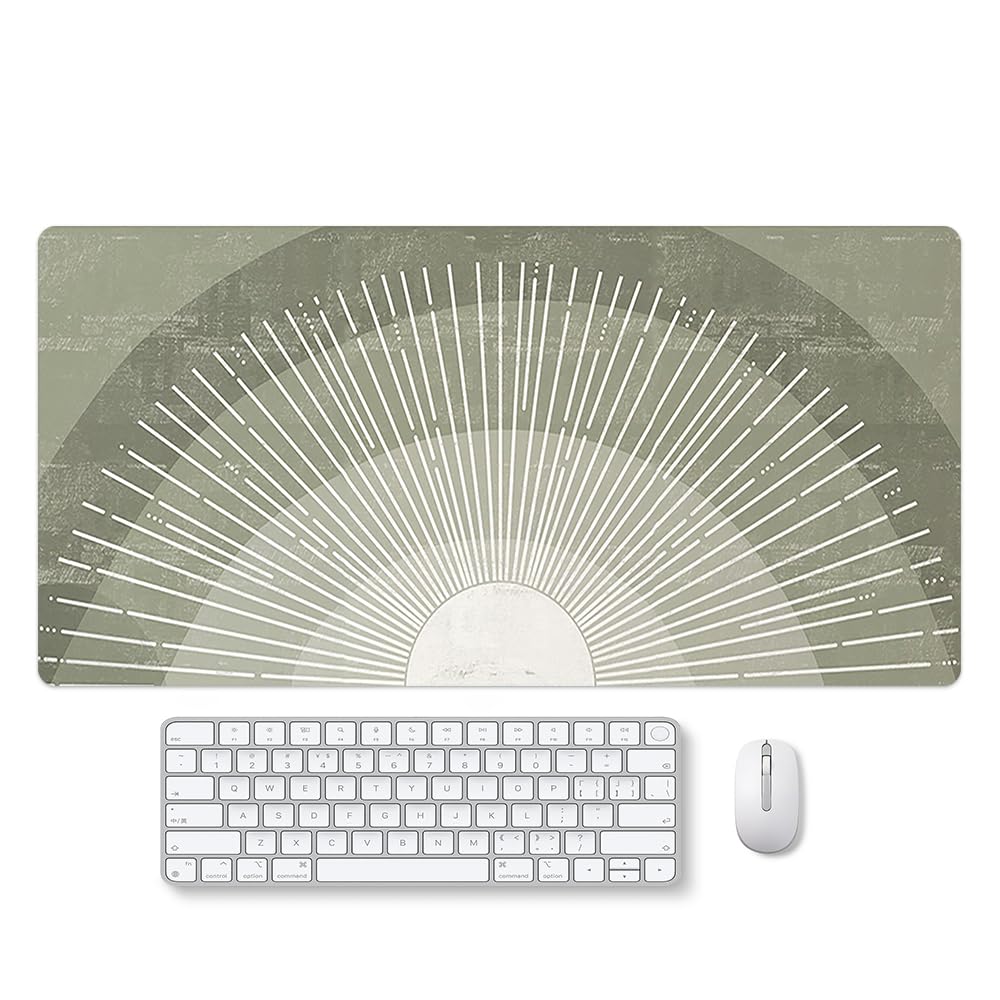 Reateforin Boho Sage Green Sun with Sun Light Burst Large Mouse Pad 31.5"x15.7" Washable Cute Mousepad for Office Laptop Computer,Non-Slip Rubber Base