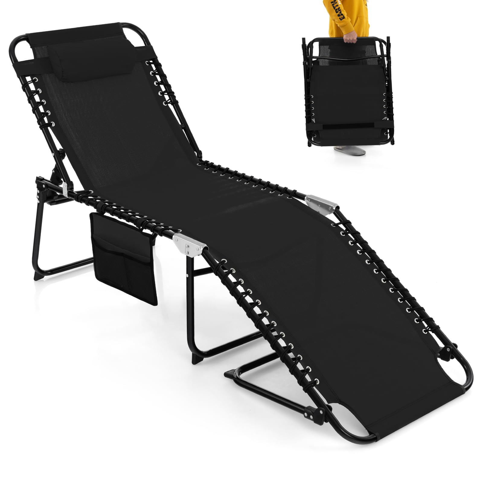 COSTWAY Folding Sun Lounger, 4-Level Adjustable Garden Reclining Chaise Lounge Chair Sunbed with Pillow and Side Pocket, Portable Outdoor Sunbathing Recliner for Patio Pool Beach (Black, 168x59x86cm)