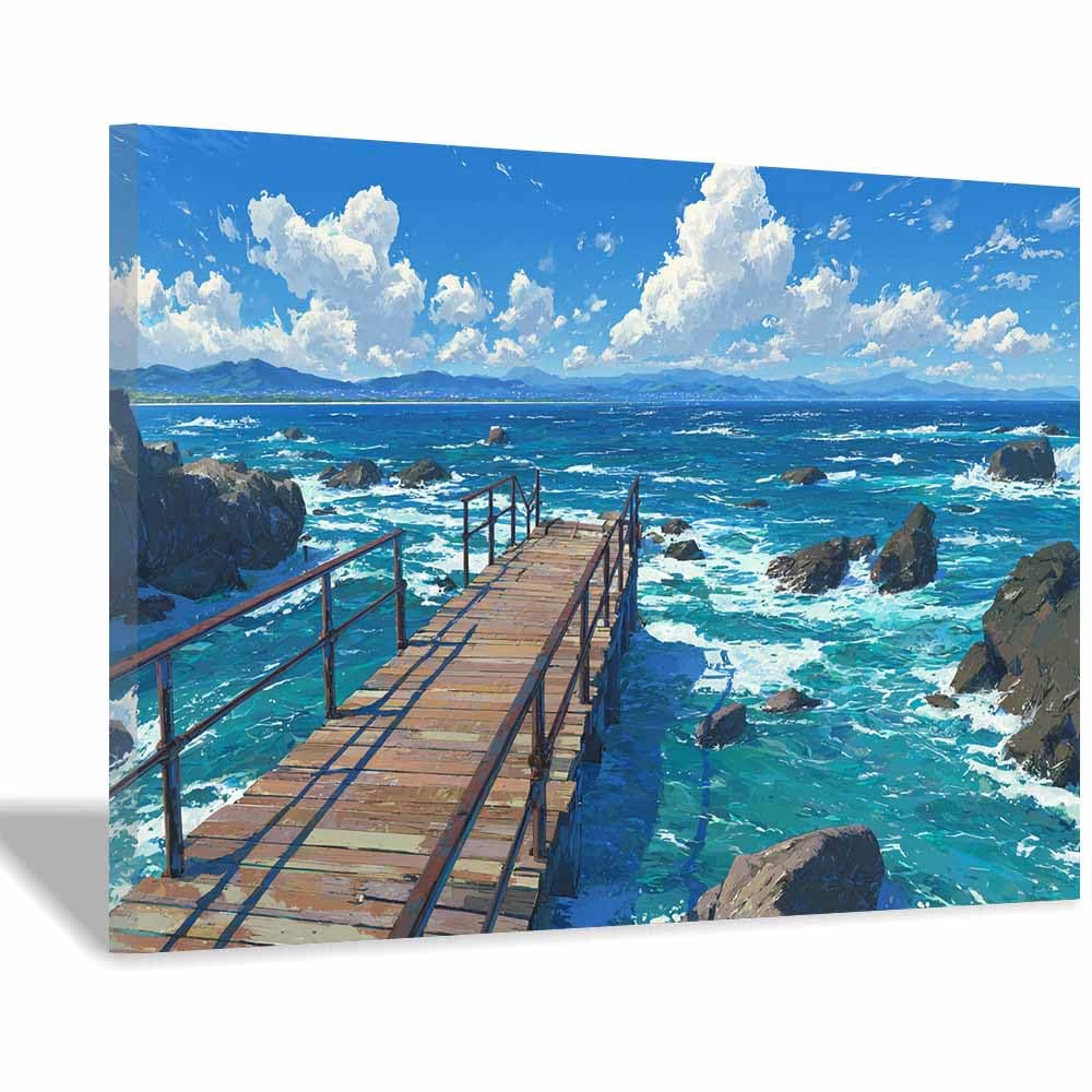 HOQIU Landscape wall art Ocean Pier Landscapes canvas art, art print, house decor, bedroom wall decor above bed, prints for living room.(Multicolor)-60x80cm Framed