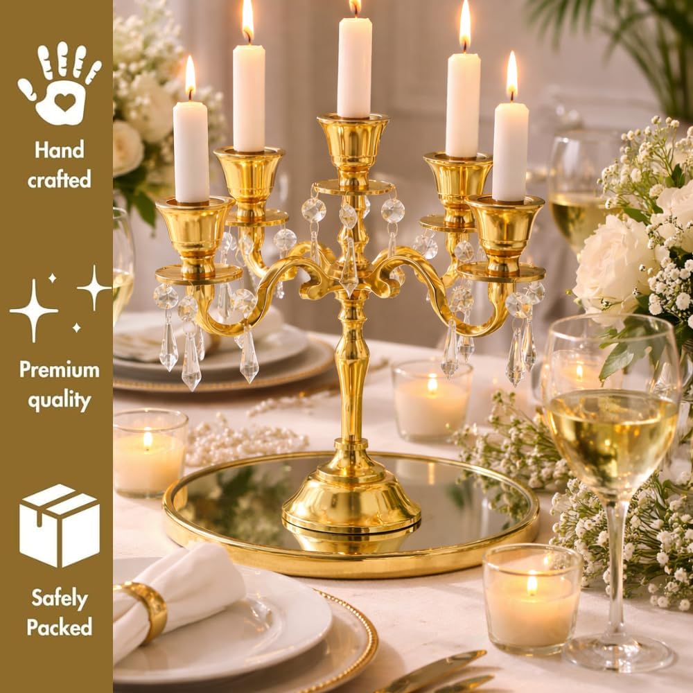 Extreme Karigari Premium 8Inch Golden Aluminum 5-Arm Candle Stand with Crystal Hangings | Luxury Centerpiece for Home Décor, Weddings, Festive Decoration & Dining Table 4
