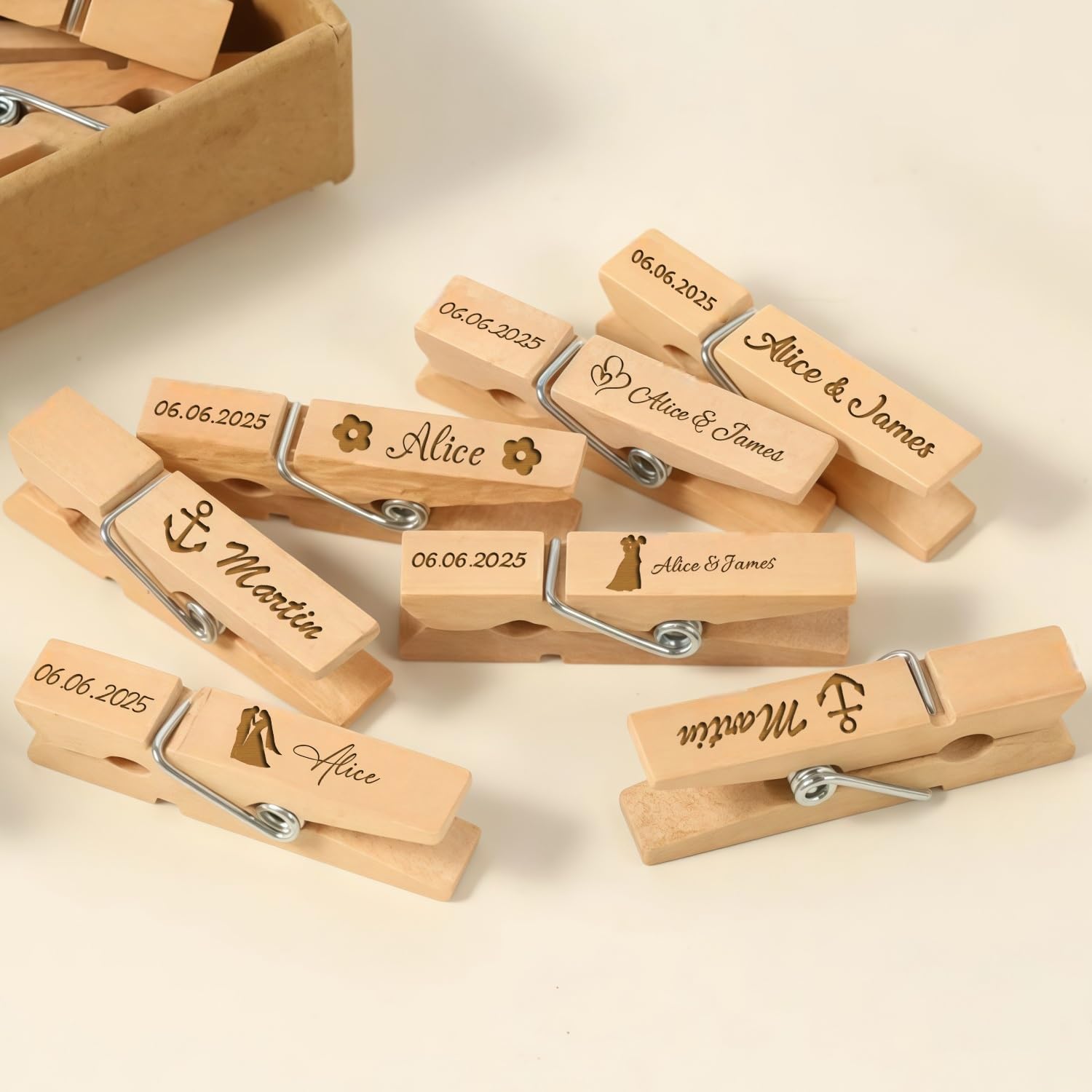 10PCS Custom Wooden Clothespins Clips, Personalized Engraved Names Mini Bulk Pegs, Vintage Rustic Desk Photo Display Table Decor for Wedding Reception