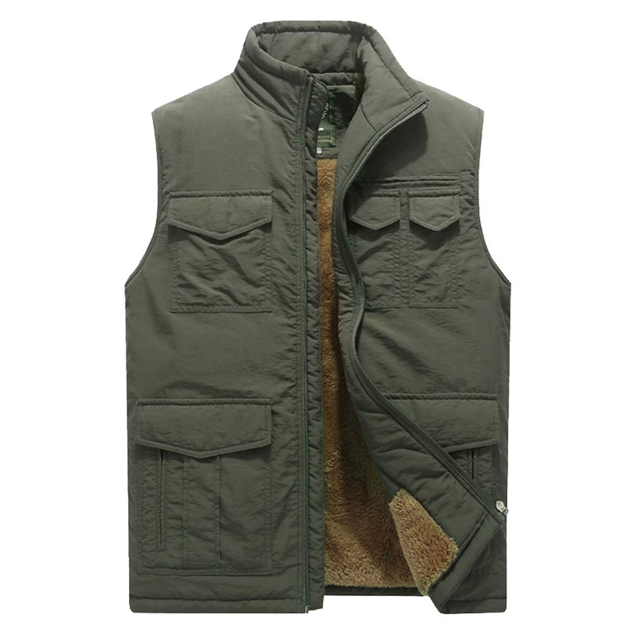 Gl Suit Men's Armygreen Padded Gilet Winter Body Warmer Vest Thicken Fleece Waterproof Multi Pockets Waistcoat Sleeveless Jacket For Outdoors Sport,,M
