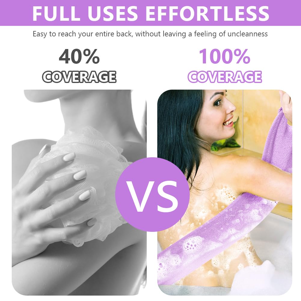 LOPHE Serviette Exfoliante Douche Longue pour le Dos,Gant de Toilette Exfoliant Double Face avec Poignées,Brosse Corps Extensible Nylon Séchage Rapide,Nettoyage en Profondeur Homme Femme,Violet