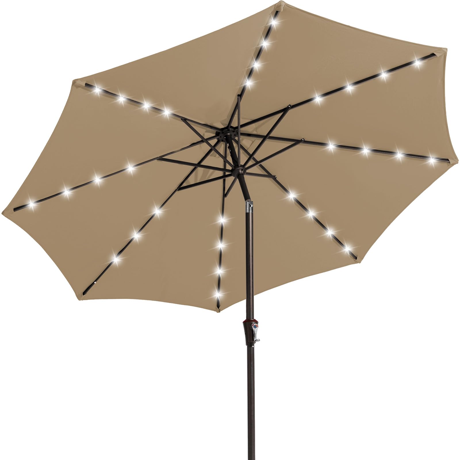 Outdoor Patio Umbrella with Solar Lights, LED Lighted Pool Umbrella with Tilt and Crank, Outdoor Table Umbrellas for Deck, Yard & Market (Beige)