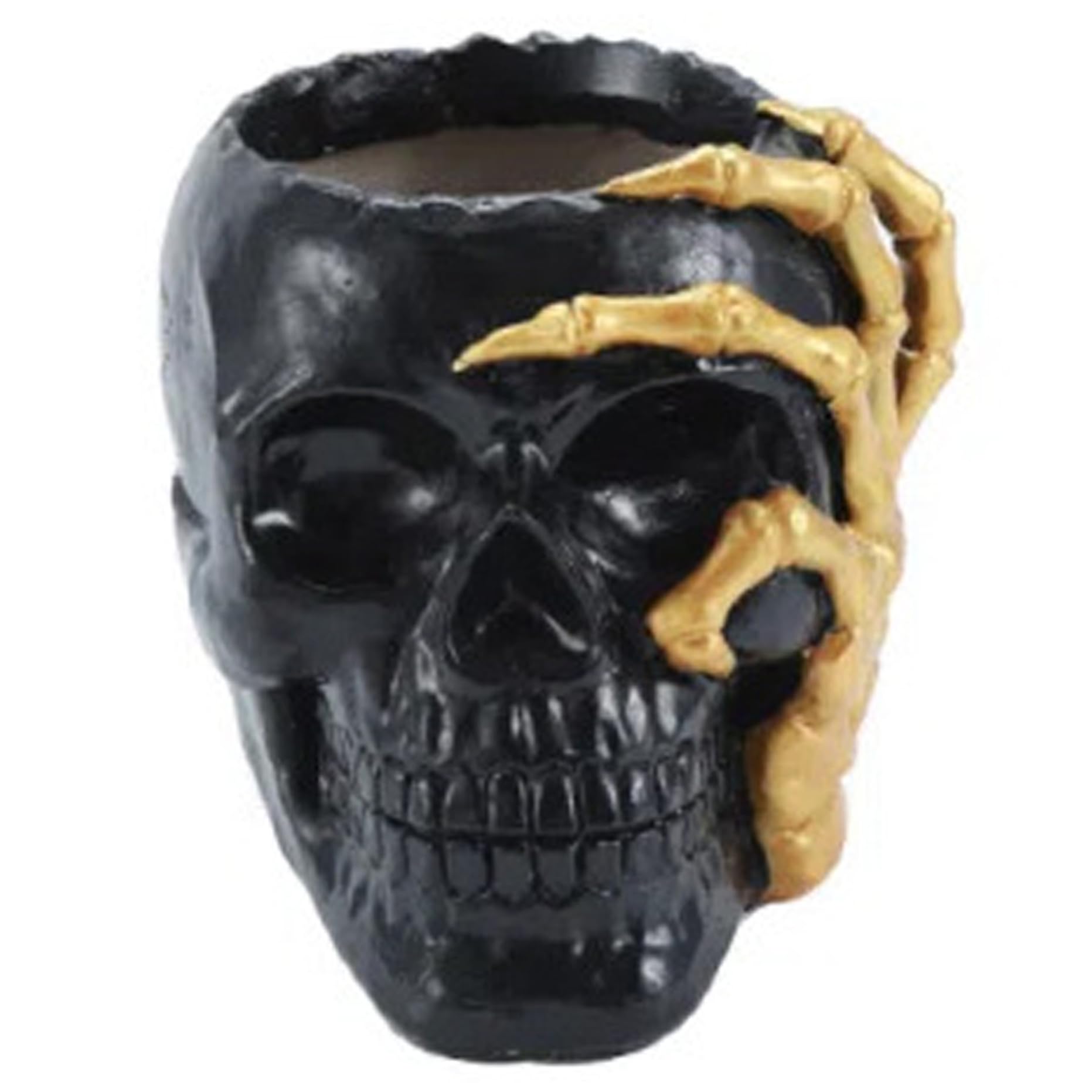 Ameble Skull Planter Pot Realistic Resin Skull Decor with Skeleton Hand Spooky Vase Unique Home Decor Pen Holder for Garden Home Desktop Office Halloween Black Halloween