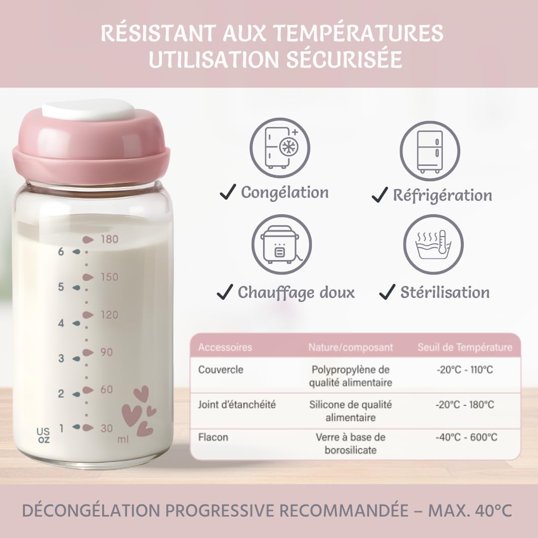 Bottiglie di latte materno in vetro borosilicato 180 ml – Conservazione latte materno nel congelatore – Contenitore riutilizzabile per bambini con coperchio in silicone