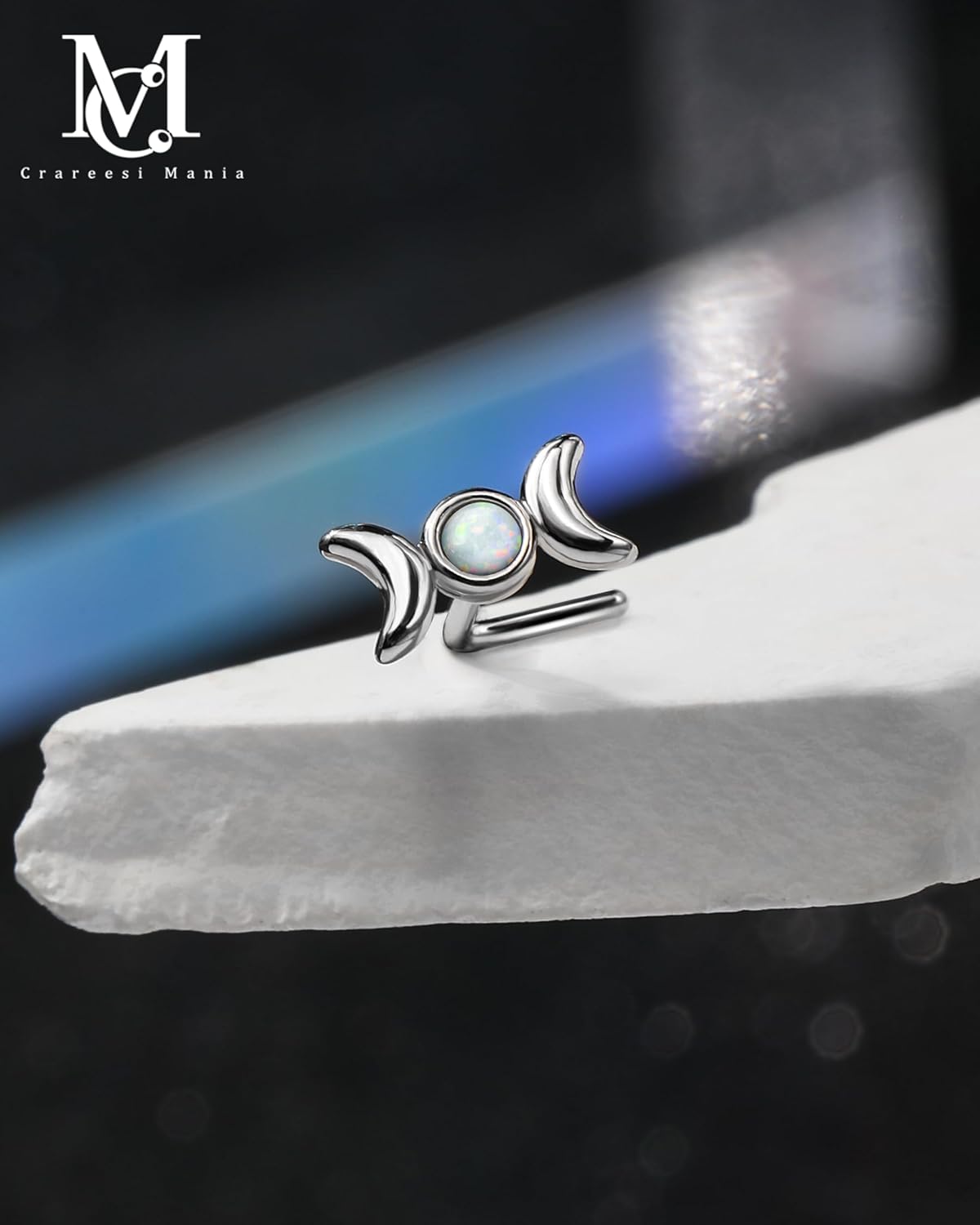 CM Crareesi Mania Moon Phase Nose Rings 20G Nose Studs 316L Stainless Steel Opal Nose Piercing Jewelry for L-Shaped - Image 3
